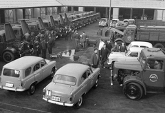 Magyarország, Budapest XIII., Dagály utca 11., MHS (Magyar Honvédelmi Sportszövetség) központi gépjármű telep, Budapesti Gépkocsivezetőképző Iskola., 1964, MHSZ, szovjet gyártmány, magyar gyártmány, teherautó, Moszkvics-márka, Csepel-márka, Moszkvics 423, Moszkvics 407, Csepel B-350/D-350, Budapest, telephely, tanuló vezető, rendszám, Fortepan #15806