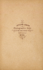 Szlovákia, Kassa, Malom utca 524., ifjabb Letzter fényképész műterme., 1900, Latin, műterem, fényképész, hátlap, Fortepan #158199