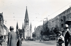 Németország, Berlin, Hardenbergstrasse, szemben a Vilmos császár emléktemplom (Kaiser-Wilhelm-Gedächtnis-Kirche)., 1930, Preisich család, templom, Fortepan #158503