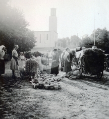 Magyarország, Balatonboglár, Szent Kereszt felmagasztalás-templom., 1935, Aszódi Zoltán, templom, vásár, fazekas, Fortepan #158666