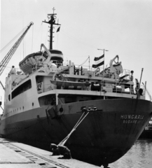 Croatia,Adriatic Sea, Rijeka, kikötő, a Hungária tengeri áruszállító hajó., 1969, Ungvári György, ship, flag, port, lifeboat, mooring bollard, Hungaria-ship, Fortepan #159090