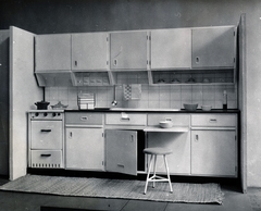 Hungary, beépített konyha, az É.M. Lágymányosi Épületasztalosipari Vállalat terméke., 1957, Lugosi Szilvia, sideboard, kitchen stool, kitchen furniture, Fortepan #159464