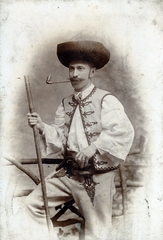 1907, Lugosi Szilvia, attire, peasant, vest, moustache, hat, pipe, folk costume, shirt, Fortepan #159556