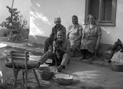 1985, Kováts Lajos, village, dog, yard, women, men, summer, basket, chair, pillow, kitchen stool, sitting on the ground, Fortepan #15998