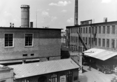 Hungary, Budapest XVIII., Kártoló utca, Kispesti Textilgyár., 1949, Kakuk László, Budapest, label, commercial vehicle, chimney, building, Fortepan #160238