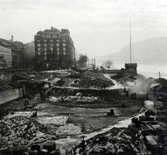 Magyarország, Budapest V., Eötvös tér, a Széchenyi Lánchíd aluljárójának építkezése. Balra a Dunapalota / Ritz szálló., 1938, Boda Balázs, Budapest, látkép, Fortepan #160519