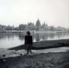 Magyarország, Budapest II.,Budapest V., a budai alsó rakpart a Bem József (Pálffy) térnél, szemben a Parlament., 1943, Boda Balázs, Budapest, folyópart, nő, háttal, Fortepan #160701