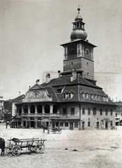 Romania,Transylvania, Brașov, Fő tér (ekkor Piața 23 August, később Tanács tér, Piața Sfatului), Városháza (később múzeum)., 1920, Boda Balázs, chariot, church clock, public building, Fortepan #160742