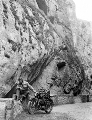 Romania,Transylvania, Bicaz Canyon, 1958, Szent-tamási Mihály, motorcycle, briefcase, number plate, leather cap, Fortepan #16090