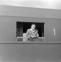 1958, Szent-tamási Mihály, leaning out of the window, coach, Fortepan #16094