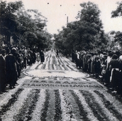 Magyarország, Budaörs, Szabadság út (József főherceg utca). Úrnapi körmenet virágszőnyege a Templom tér felé nézve.

, 1936, Zsembery Bendegúz, irredentizmus, Fortepan #160987