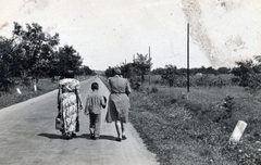 Hungary, Balatonfenyves, a 7-es főút Fonyód felé nézve., 1957, Csizmadia László, women, summer dresses, back, three people, nightgown, Fortepan #161174