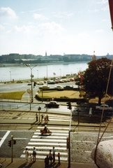 Magyarország, Budapest XI.,Budapest IX., kilátás a Gellért Szállóból a Szent Gellért tér és a Közraktárak felé., 1985, Földvári Mihály, színes, Budapest, Fortepan #161190