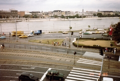 Magyarország, Budapest XI.,Budapest IX., kilátás a Gellért Szállóból a Szent Gellért tér és a Közraktárak felé., 1985, Földvári Mihály, színes, Budapest, Fortepan #161195