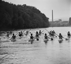 Magyarország, Óbuda, Budapest III., Óbudai Duna-ág, kajakosok a K-híd közelében., 1967, MHSZ, sport, híd, kajak, Budapest, Fortepan #16186