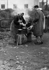 Hungary, Nagykanizsa, gesztenyeárus a Tripammer Gyula (Várkonyi György) utcai vasúti hídnál, háttérben a Ligeti utca sarkán álló ház., 1957, Buvári Ágnes, scale, seller, chestnut, Fortepan #162151