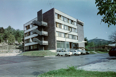 Magyarország, Szentendre, Danubius Hotel., 1971, Kotnyek Antal, színes, német gyártmány, Trabant-márka, Opel-márka, szálloda, Fiat-márka, Renault-márka, olasz gyártmány, lámpaoszlop, Fiat 850, Renault 16, neon felirat, Fortepan #16252