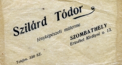 Magyarország, Szombathely, Erzsébet királyné utca 13., Szilárd Tódor fényképészeti műterme., 1931, Gara Andor, műterem, fényképész, hátlap, fényképtartó tasak, Fortepan #162742