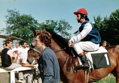 Magyarország, Budapest X., Albertirsai (Dobi István) út, Lóversenypálya (később Kincsem Park)., 1986, Kopátsy Sándor, zsoké, Budapest, színes, Fortepan #163472