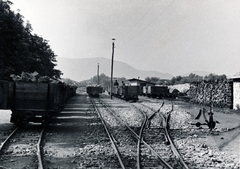 Magyarország, Szob, kőszállító vasúti kocsik a Szobi Gazdasági Vasút állomásán. A távolban az Ipoly folyó feletti vasúti híd látszik., 1935, Fadgyas Bence, vasúti szerelvény, vasúti híd, Fortepan #163909