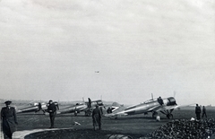 Hungary, Budaörs Airport, Budapest XI., a Magyar Királyi Honvéd Légierő Heinkel He 70 típusú repülőgépei., 1938, Fadgyas Bence, airplane, Royal Hungarian Air Force, Heinkel-brand, Budapest, Fortepan #163925