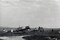 Hungary, Budaörs Airport, Budapest XI., a Magyar Királyi Honvéd Légierő Heinkel He 70 típusú repülőgépei., 1938, Fadgyas Bence, airplane, Royal Hungarian Air Force, Heinkel-brand, Budapest, Fortepan #163927