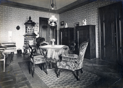 1907, Artkraft, furniture, interior, arm chair, piano, stove, tile stove, chandelier, pendant lamp, Fortepan #164143