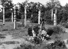 Magyarország, Budapest X., Új Köztemető, 301-es parcella 1989. június 16-án, az 56-os hősök újratemetésekor. Az Inconnu Csoport tagjai által állított kopjafák., 1989, Hegedűs Judit, temető, Budapest, inconnu művészcsoport, rendszerváltás, Fortepan #164338