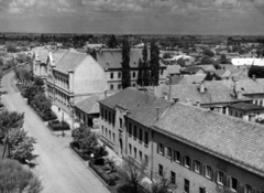 Magyarország, Jászberény, Lehel vezér tér. Kilátás a Nagyboldogasszony-templomból a központi fiúiskola felé (később Gyetvai János Általános Iskola, ma Nagyboldogasszony Kéttannyelvű Katolikus Általános Iskola). Közelebb a Petőfi utca sarkán a központi lányiskola (később Székely Mihály Általános Iskola, ma Jászsági Általános Iskola Székely Mihály Általános Iskolai Tagintézménye)., 1959, Faragó László, fiúiskola, Fortepan #164733