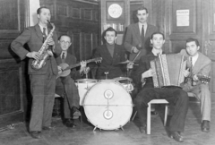 Hungary, 1949, Magyar Rendőr, music, tableau, drum, musician, guitar, saxophone, accordion, drummer, cymbal, Fortepan #16481