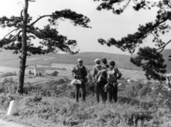 Magyarország, Pilisszentlászló, a település látképe a Szentendrei út felől, balra a háttérben a Szent László király-templom., 1965, Faragó László, háttal, templom, hátizsák, kirándulás, Fortepan #164817