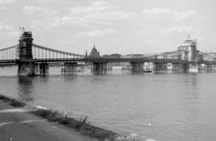 Magyarország, Budapest, a Széchenyi Lánchíd újjáépítése., 1949, Magyar Rendőr, híd, hídépítés, Duna, függőhíd, William Tierney Clark-terv, Fortepan #16514