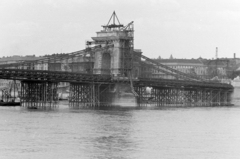 Magyarország, Budapest, a Széchenyi Lánchíd újjáépítése., 1949, Magyar Rendőr, híd, hídépítés, Duna, függőhíd, William Tierney Clark-terv, Fortepan #16515