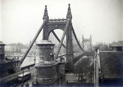 Hungary, Budapest I.,Budapest V., kilátás a Gellérthegyről az Erzsébet híd felé., 1930, Olbert Mariann, bridge, bus, Trailer car, Budapest, Fortepan #165477