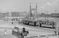 Magyarország, Budapest XI., Szent Gellért tér, Szabadság híd budai hídfő., 1952, Magyar Rendőr, autóbusz, magyar gyártmány, ló, lovaskocsi, villamos, MÁVAG-márka, látkép, csibilámpa, MÁVAG Tr5, Duna, Budapest, Duna-híd, Feketeházy János-terv, Fortepan #16788