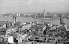 Magyarország, Budapest I., Víziváros, látkép a Halászbástyáról, háttérben a Parlamenttel., 1966, Kotnyek Antal, Steindl Imre-terv, országház, neogótika, Duna, eklektikus építészet, Budapest, Fortepan #16804