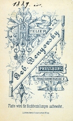 Szlovákia, Pozsony, Barát utca 2., Benyovszky fényképész. A felvétel 1889-ben készült., 1900, Bősze Ádám, műterem, fényképész, hátlap, Fortepan #170013