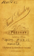 Szlovákia, Pozsony, Sétatér 25., Fink Sándor fényképész. A felvétel 1885-ben készült., 1900, Bősze Ádám, műterem, fényképész, hátlap, Fortepan #170014