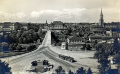 Svájc, Bern, középen a Kirchenfeldbrücke az Aare folyó felett. Jobbra a Münster-székesegyház., 1931, Bősze Ádám, templom, híd, villamos, Fortepan #170023