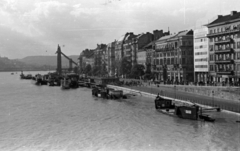 Magyarország, Budapest V., a pesti rakpart árvíz idején, a Szabadság hídról a lerombolt Erzsébet híd pesti hídfője felé nézve., 1954, Lőrinczi Ákos, Budapest, látkép, rakpart, hajó, árvíz, Fortepan #170498