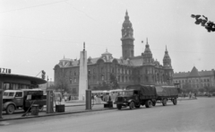 Hungary, Győr, Városháza., 1958, Sattler Katalin, Csepel-brand, gas station, monument, Fortepan #171293