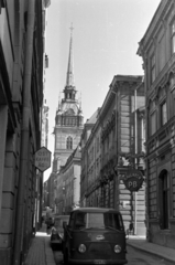 Svédország, Stockholm, Tyska Brinken, szemben a német templom (Tyska kyrkan) tornya., 1960, Sattler Katalin, toronyóra, Fortepan #171412