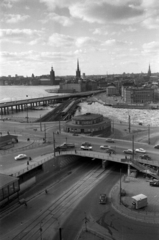 Svédország, Stockholm, előtérben a Södermalmstorg, szemben balról a Kungsholmen, a Riddarholmen és a Stadsholmen., 1960, Sattler Katalin, madártávlat, Fortepan #171419