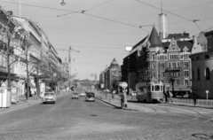 Finnország, Helsinki, Mannerheimintie, a Bulevardi és az Eteläesplanadi találkozásától nézve., 1960, Sattler Katalin, utcakép, villamos, Fortepan #171442