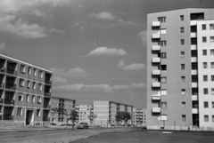 Magyarország, Budapest IX., József Attila lakótelep, Ifjúmunkás utca a Pöttyös utca felé nézve. A jobb oldali nyolcemeletes ház a Hurok utca sarkán áll., 1961, Sattler Katalin, Budapest, lakótelep, Fortepan #171466