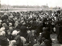 Poland, Oświęcim, az auschwitz–birkenaui koncentrációs tábor., 1944, Lili Jacob, holocaust, headscarf, judaism, antisemitism, concentration camp, yellow star, striped dress, Fortepan #172016