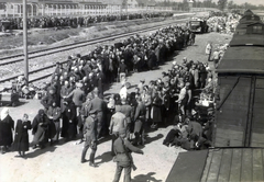 Poland, Oświęcim, az auschwitz–birkenaui koncentrációs tábor., 1944, Lili Jacob, holocaust, baby carriage, commercial vehicle, coach, judaism, antisemitism, German soldier, concentration camp, yellow star, striped dress, Holocaust train, Fortepan #172023