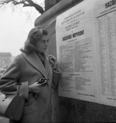 Magyarország, Budapest V., a Mérleg utca torkolata a Széchenyi István (Roosevelt) térnél, jobbra a Gresham-palota sarka. Háttérben a Széchenyi Lánchíd., 1958, Kotnyek Antal, Budapest, választás, népfront, hirdetmény, Fortepan #173807