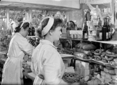 1958, Szabó Gábor, grocery store, vendor, overall, counter, hair clip, Fortepan #174775