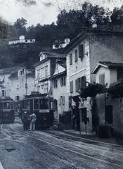 Horvátország, Abbázia, Ika, ulica Maršala Tita (Reichsstrasse), az Opatija-Matulji vasútállomás és Lovran között közlekedő villamos kitérője., 1917, Berecz, Fortepan #175062